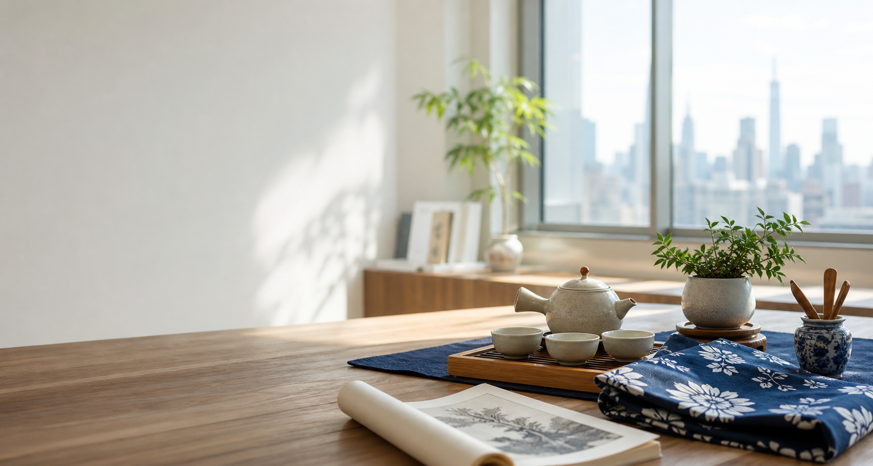 明亮室內桌面上的茶具、藍染花布與紐約窗景